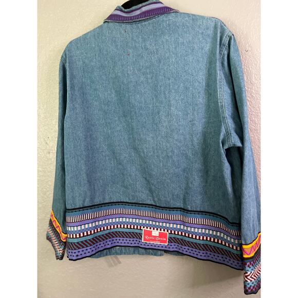Vintage 90s Rustic Denim Chore Jacket XL Blue Cotton Embroidered Button Up Retro - Picture 2 of 9